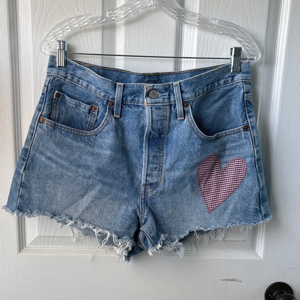 High-Rise Light Blue Denim Shorts with Pink Gingham Heart
